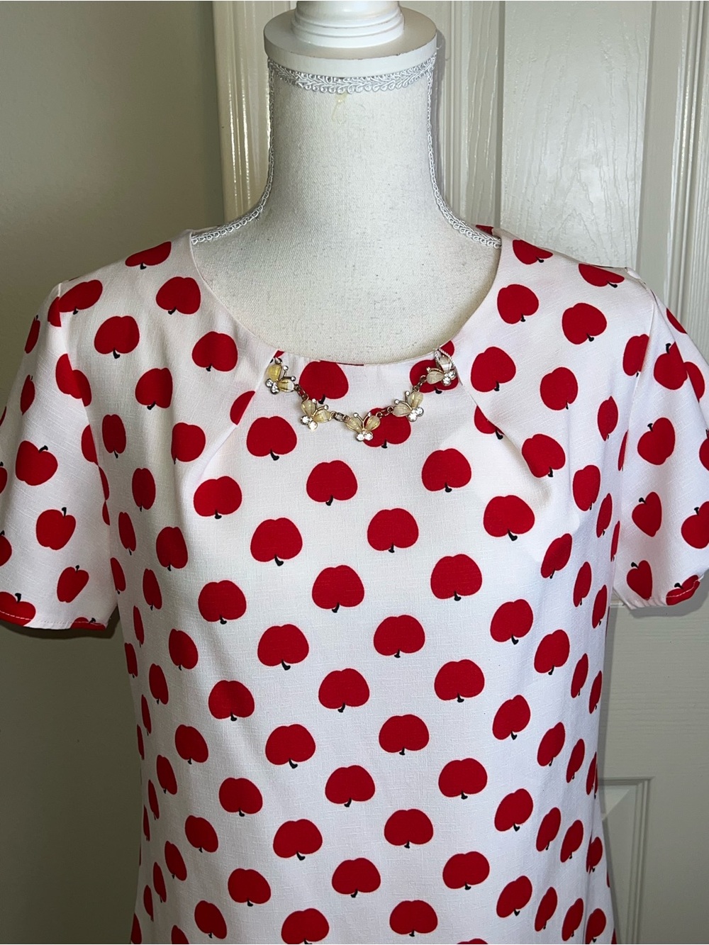Apple Print Blouse With Butterfly Jeweled Neckline